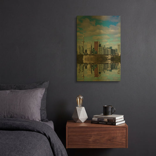 'Toronto Skyline From The Pape Ave Bridge Reflection No 1' By Brian Carson Gold Metal Wall Art