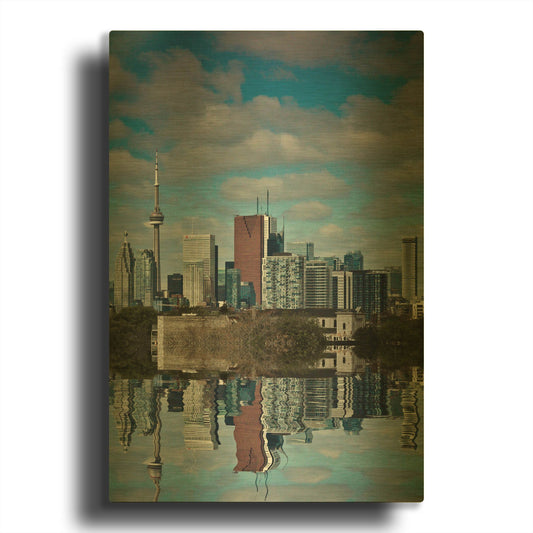 'Toronto Skyline From The Pape Ave Bridge Reflection No 1' By Brian Carson Gold Metal Wall Art
