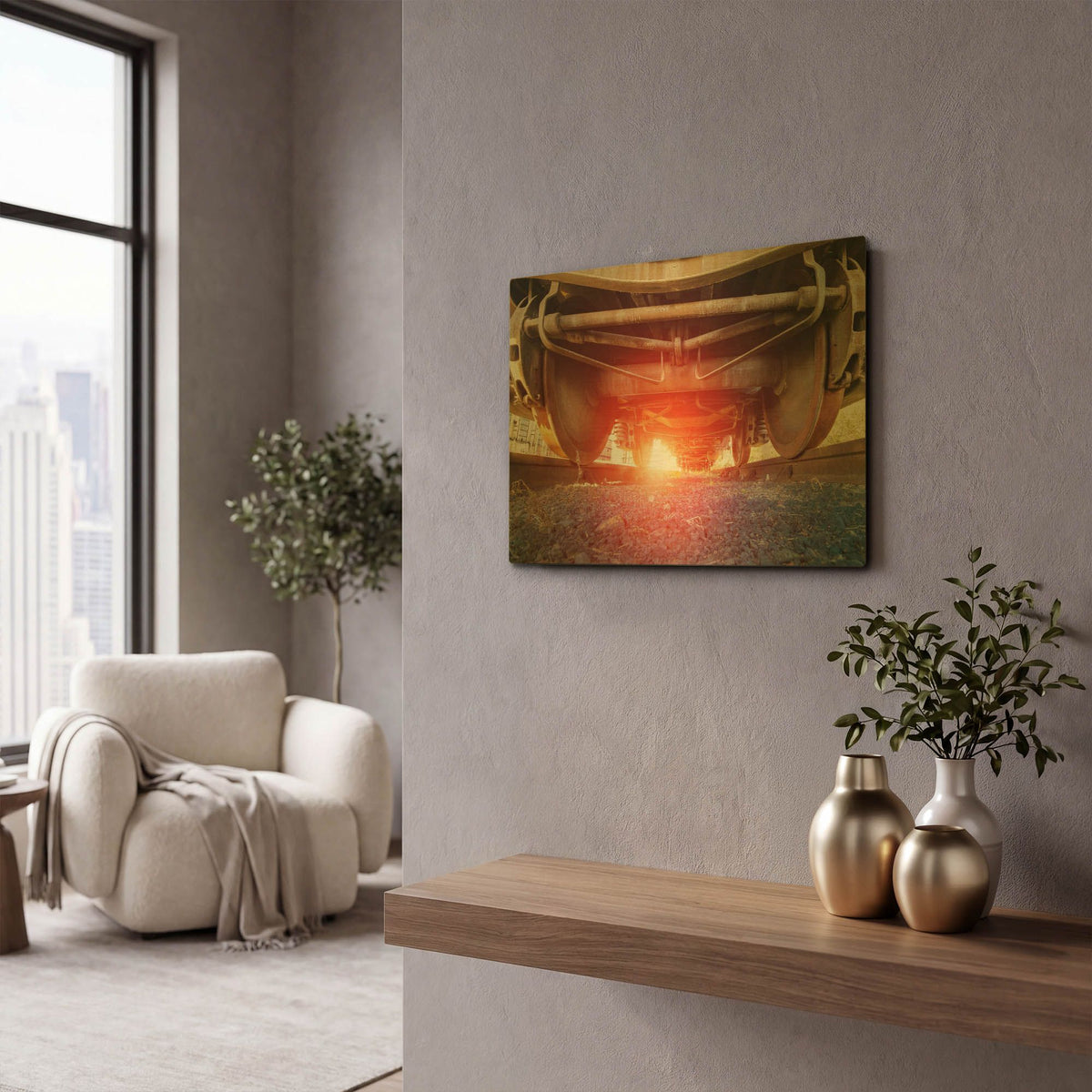 'Atomic Train' By Sebastien Lory Gold Metal Wall Art