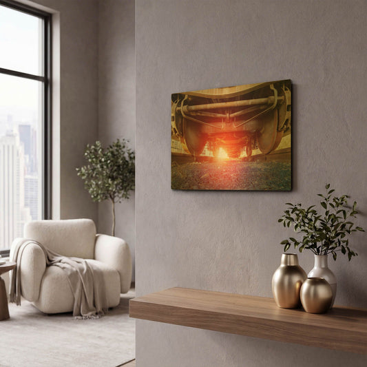 'Atomic Train' By Sebastien Lory Gold Metal Wall Art
