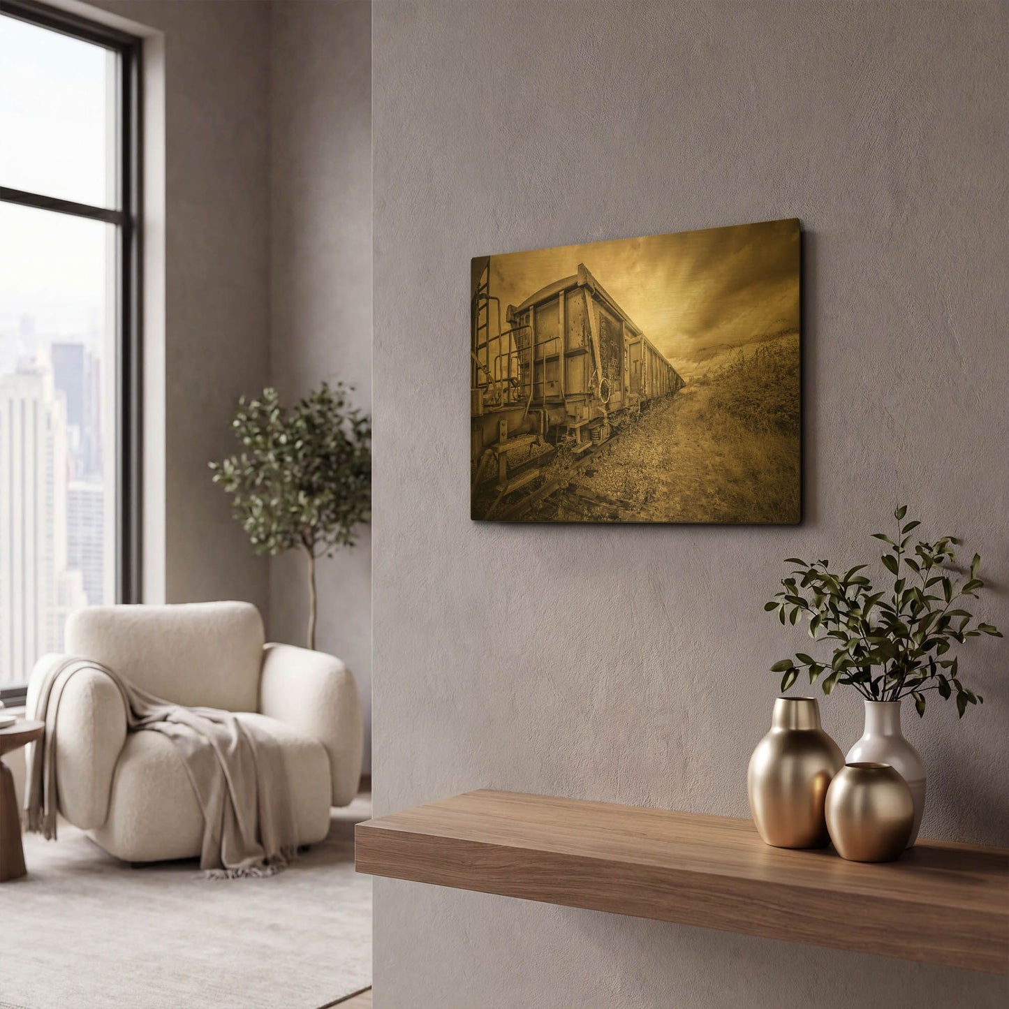 'Lost Train' By Sebastien Lory Gold Metal Wall Art