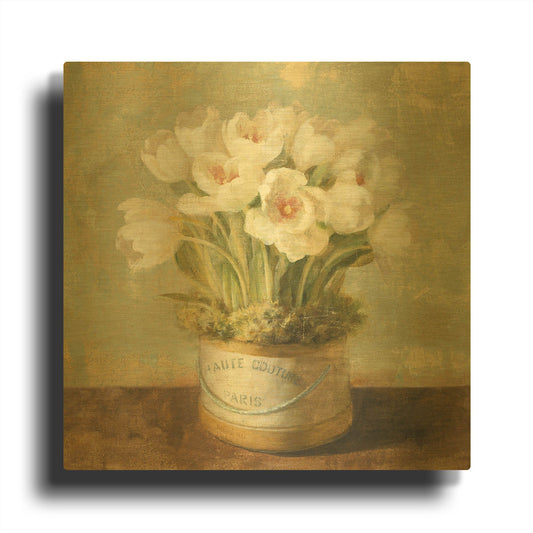 'Hatbox Tulips' By Danhui Nai Gold Metal Wall Art