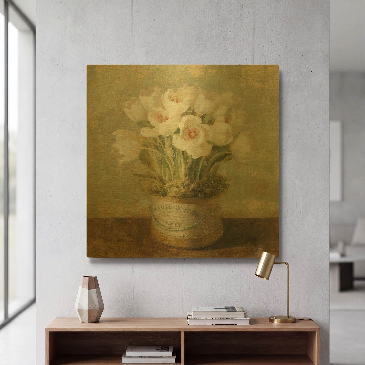 'Hatbox Tulips' By Danhui Nai Gold Metal Wall Art