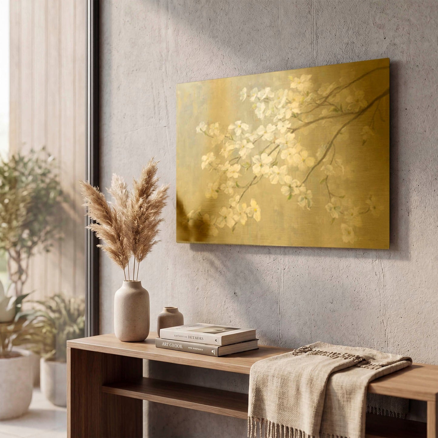 'Dogwood in Spring Neutral Crop' By Danhui Nai Gold Metal Wall Art