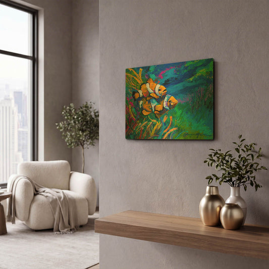 'The First Date Smiling Clownfish' By Jace D McTier Gold Metal Wall Art