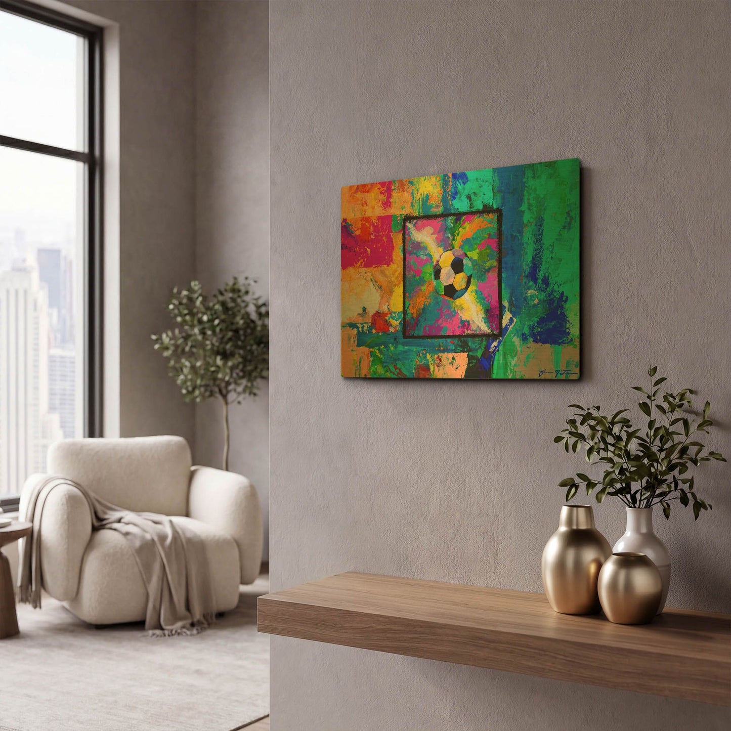 'Window into the Soccer Universe Pink and Cyan' By Jace D McTier Gold Metal Wall Art