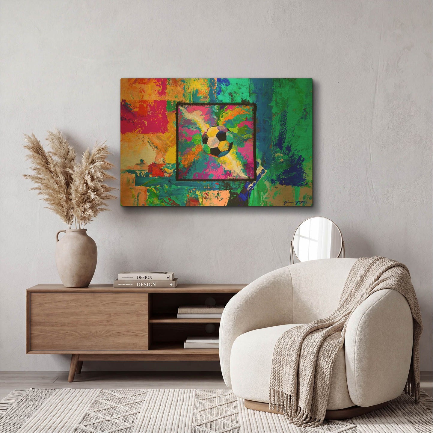 'Window into the Soccer Universe Pink and Cyan' By Jace D McTier Gold Metal Wall Art