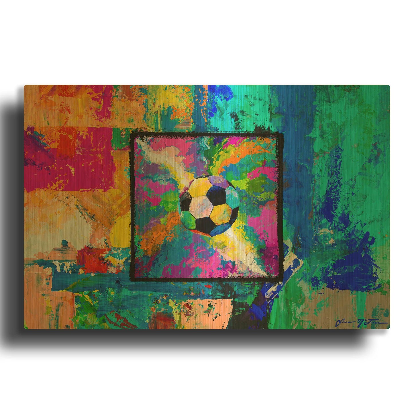 'Window into the Soccer Universe Pink and Cyan' By Jace D McTier Gold Metal Wall Art