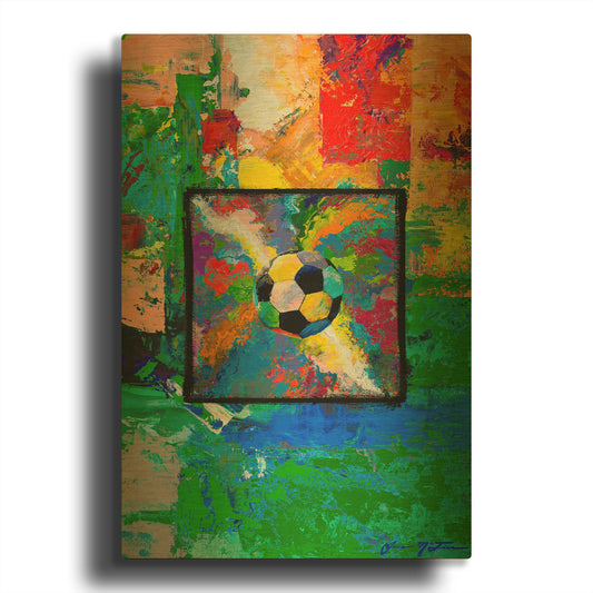 'Window into the Soccer Universe Red and Green' By Jace D McTier Gold Metal Wall Art
