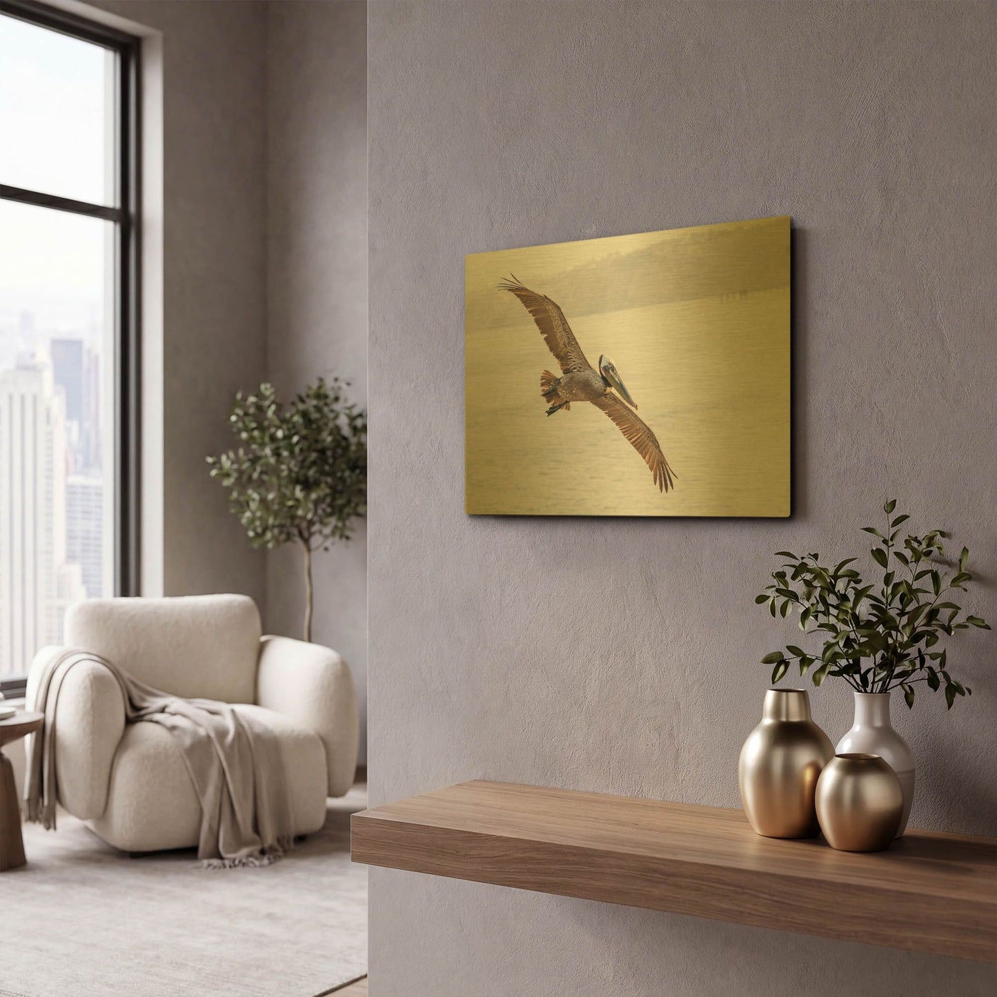 'Pelican Spread' By Chris Moyer Gold Metal Wall Art