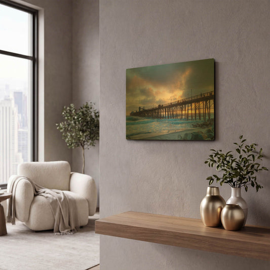 'Sunset Through Oceanside Pier' By Chris Moyer Gold Metal Wall Art