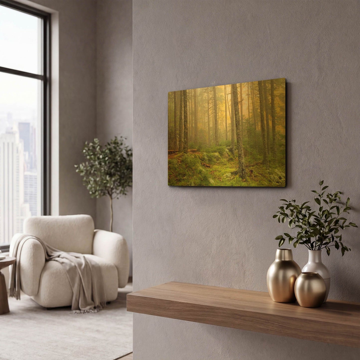 'Foggy Fire Woods' By Mike Jones Gold Metal Wall Art