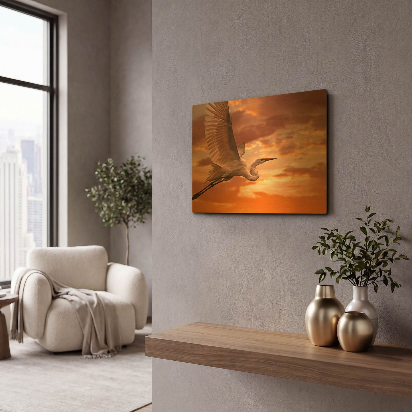 'Heron Sunset' By Mike Jones Gold Metal Wall Art