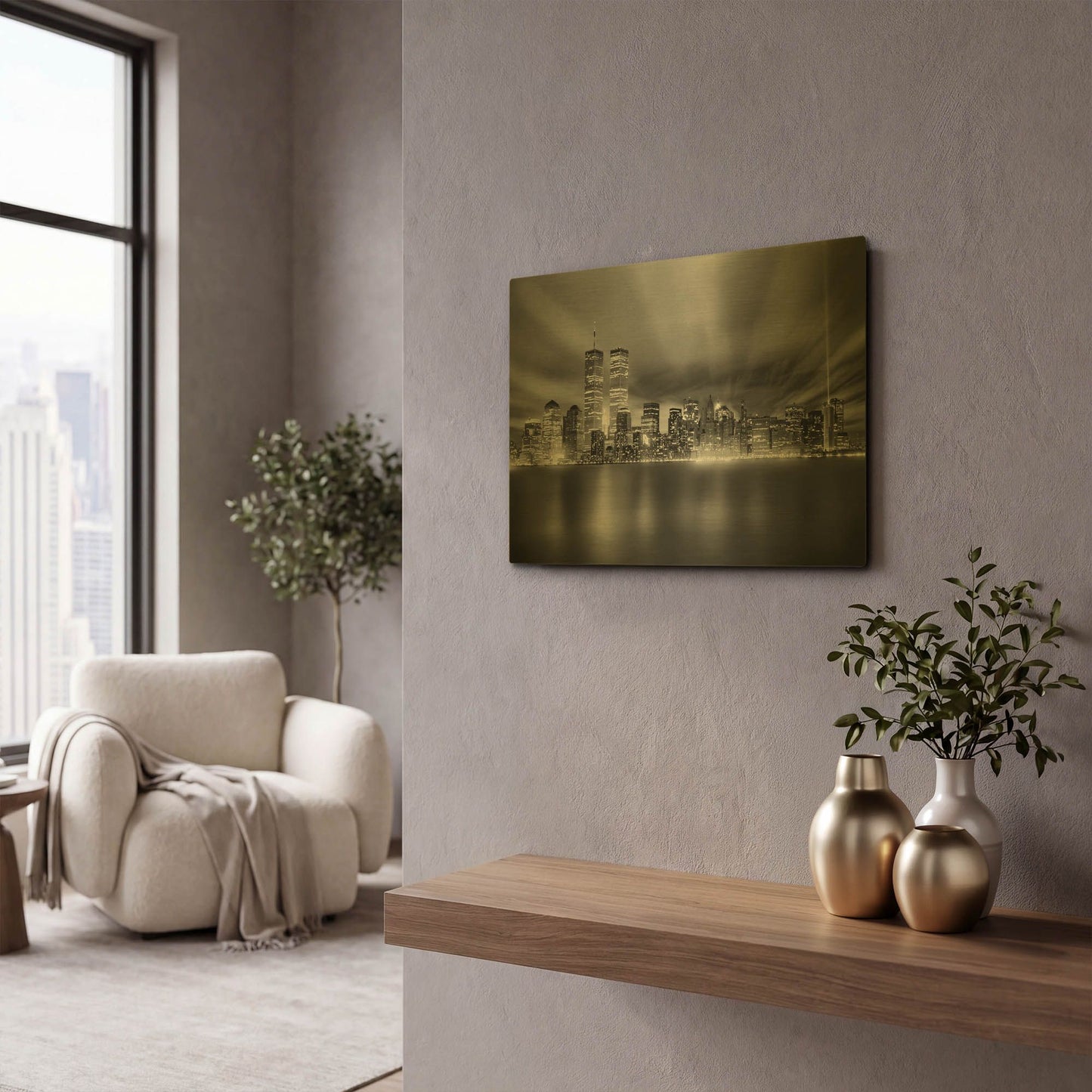 'NYC WTC Skyline' By Mike Jones Gold Metal Wall Art