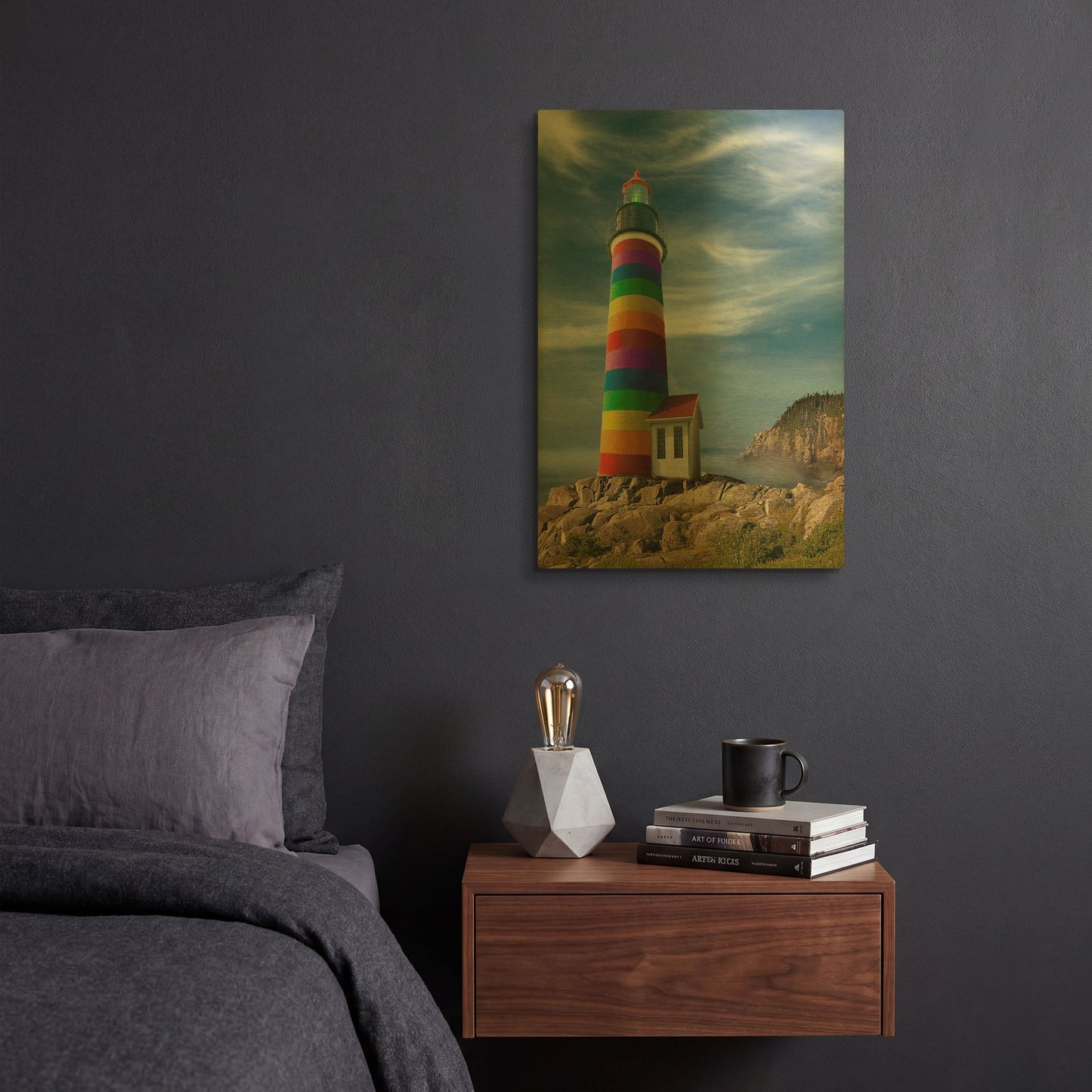 'Rainbow Lighthouse North' By Mike Jones Gold Metal Wall Art