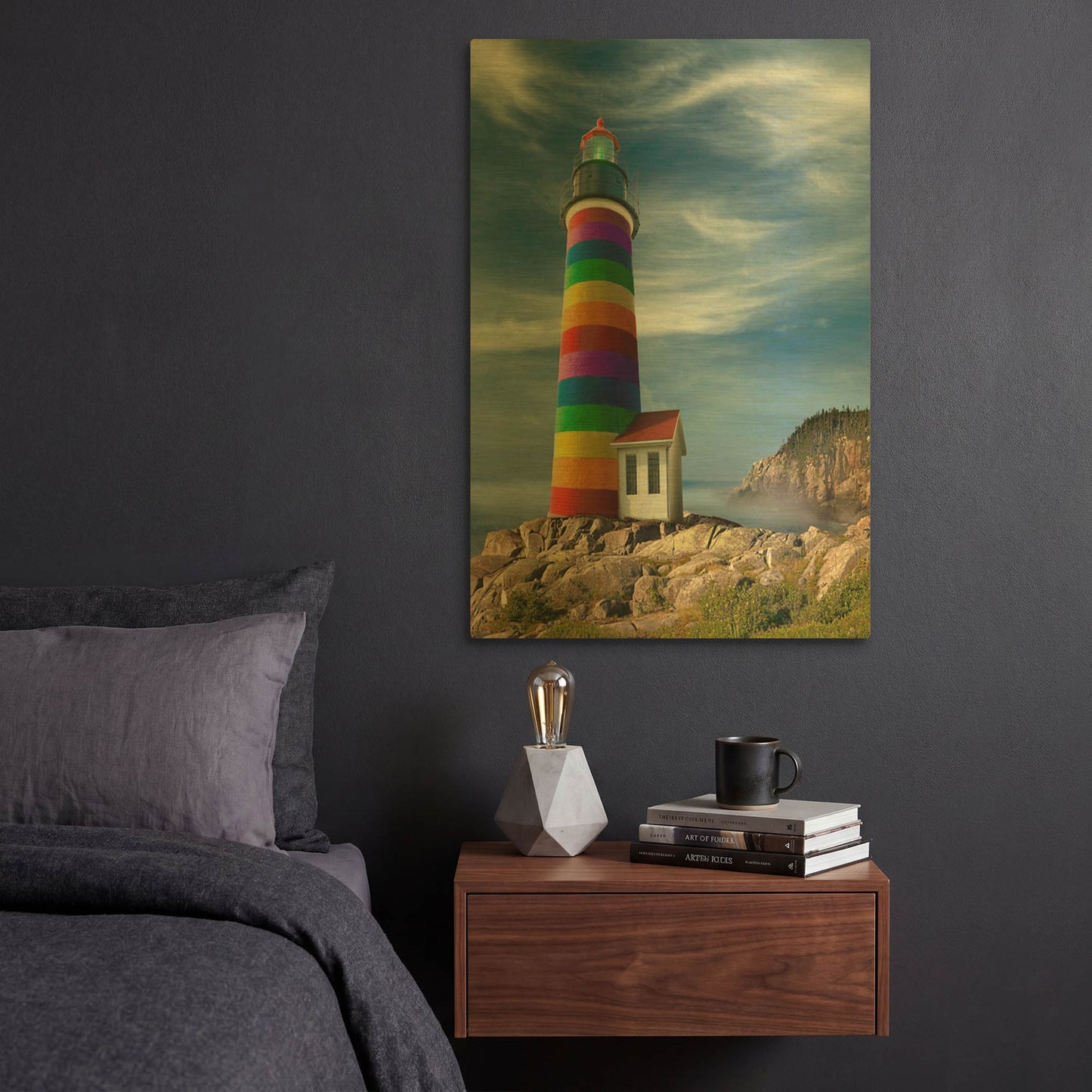 'Rainbow Lighthouse North' By Mike Jones Gold Metal Wall Art