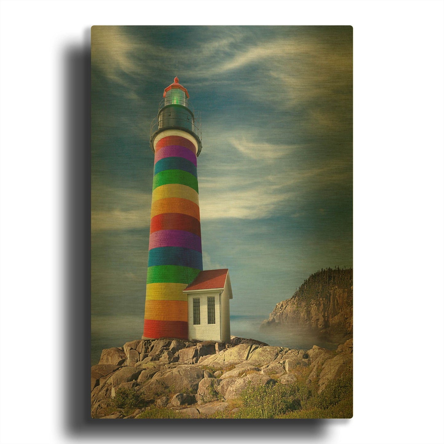 'Rainbow Lighthouse North' By Mike Jones Gold Metal Wall Art