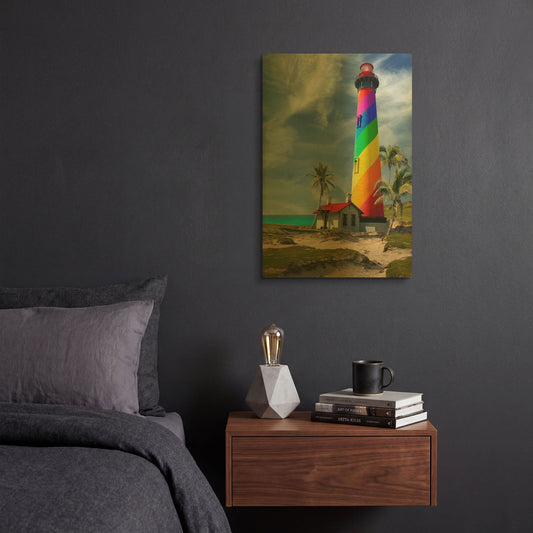 'Rainbow Lighthouse South' By Mike Jones Gold Metal Wall Art