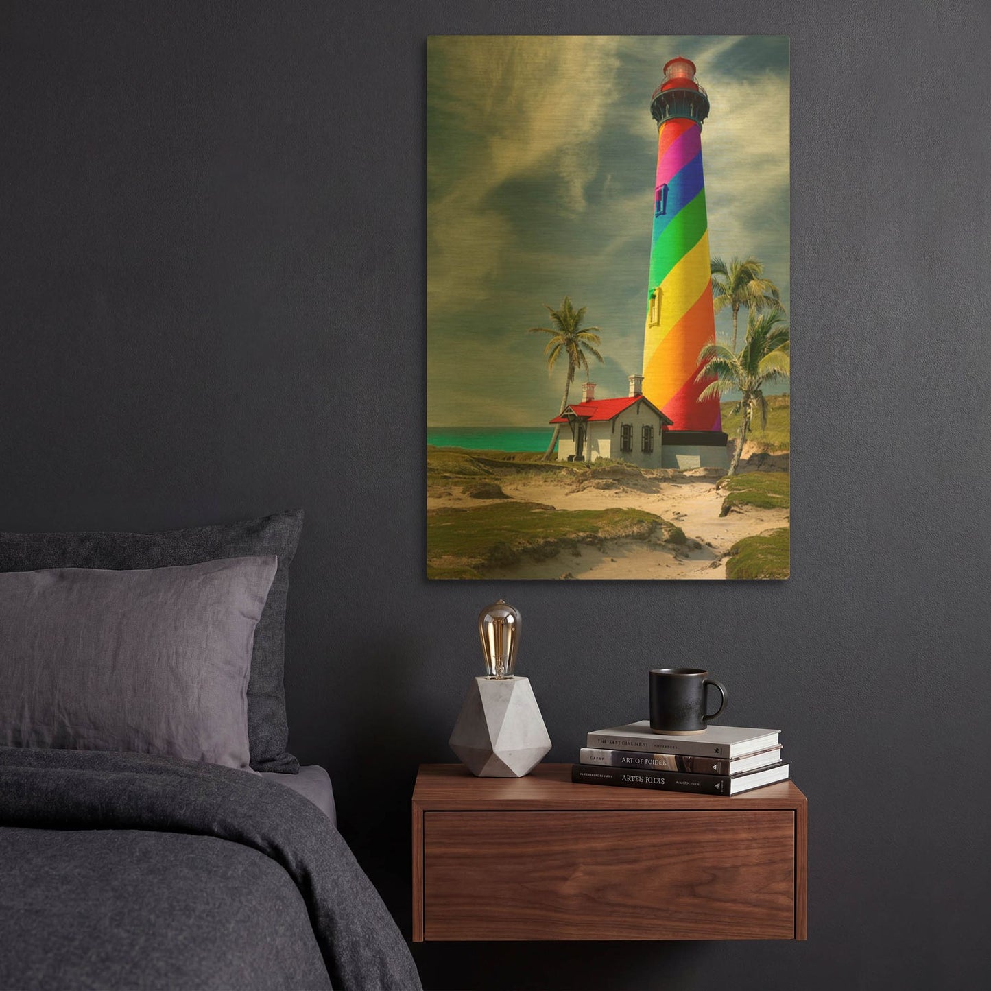 'Rainbow Lighthouse South' By Mike Jones Gold Metal Wall Art