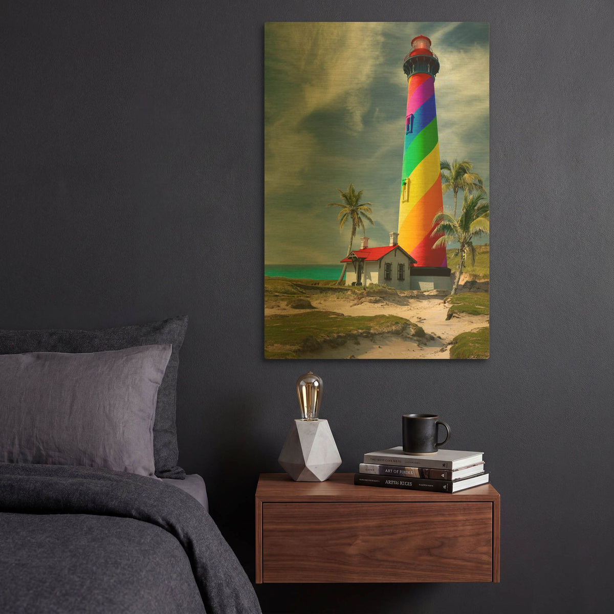 'Rainbow Lighthouse South' By Mike Jones Gold Metal Wall Art