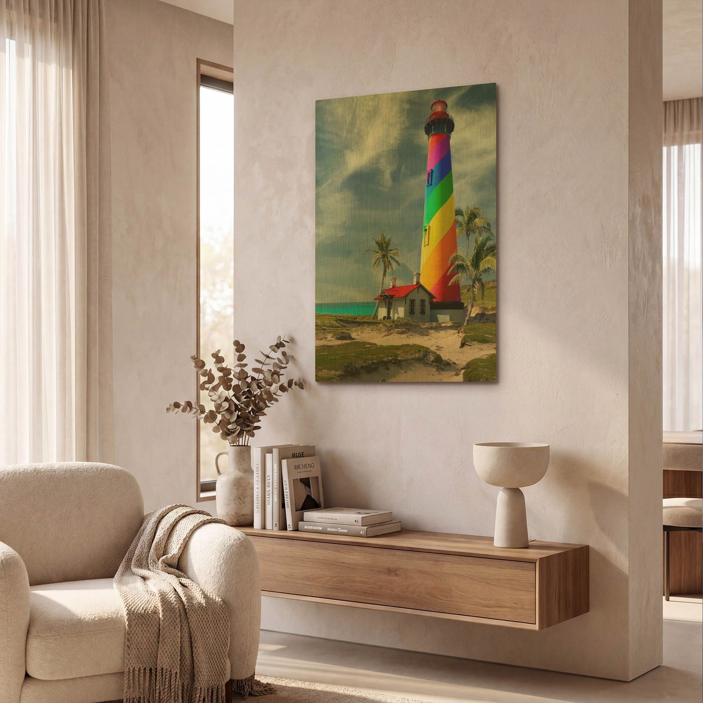'Rainbow Lighthouse South' By Mike Jones Gold Metal Wall Art