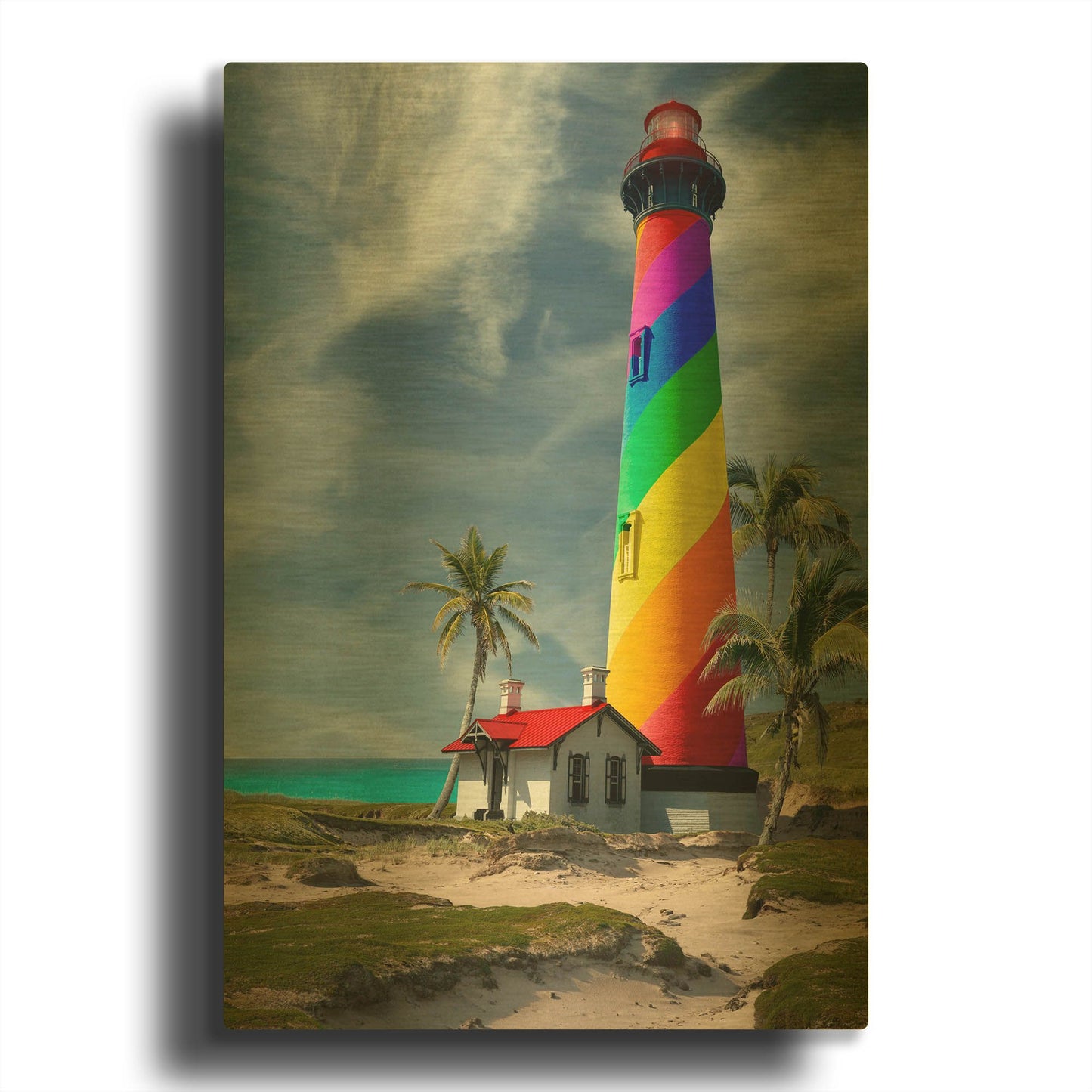 'Rainbow Lighthouse South' By Mike Jones Gold Metal Wall Art