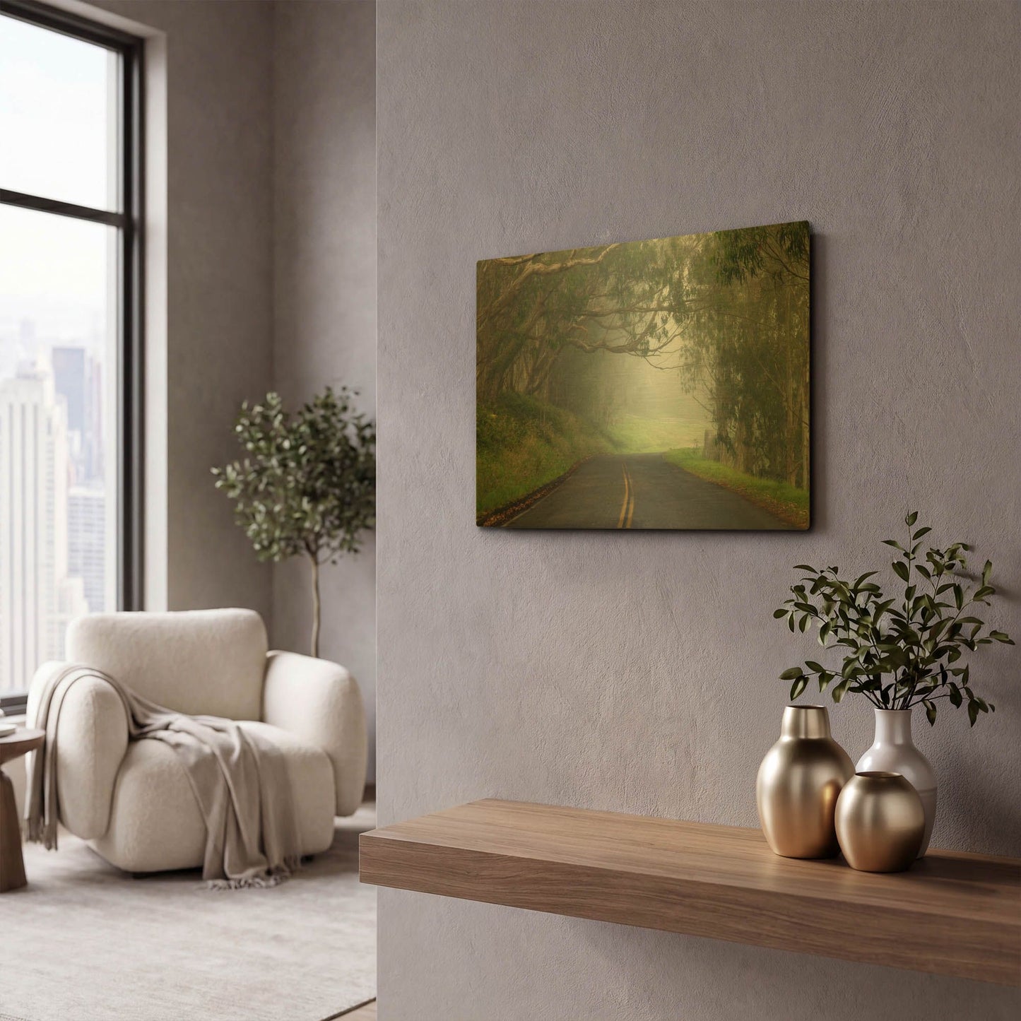 'Foggy Road near Dillon Beach' By Mike Jones Gold Metal Wall Art