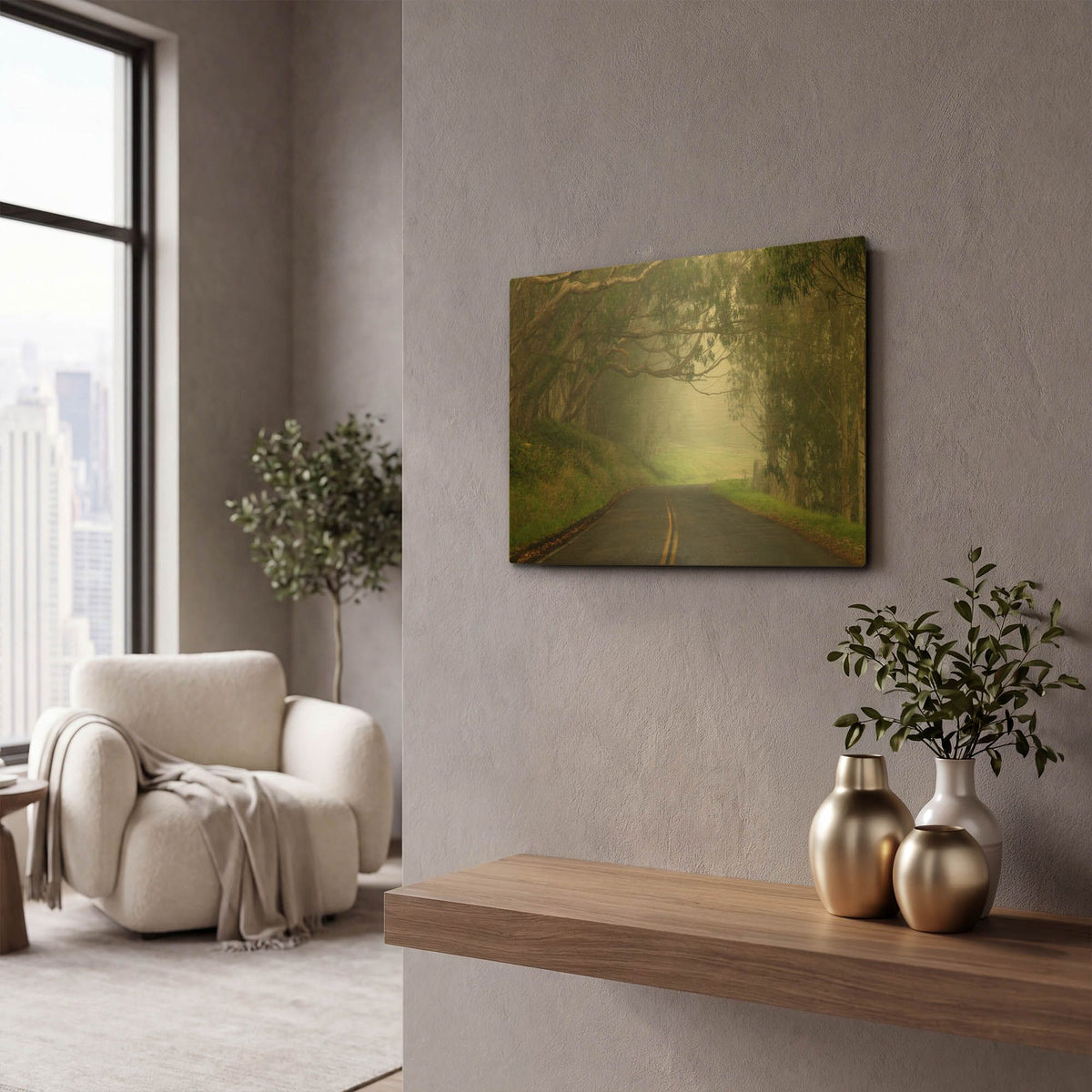 'Foggy Road near Dillon Beach' By Mike Jones Gold Metal Wall Art
