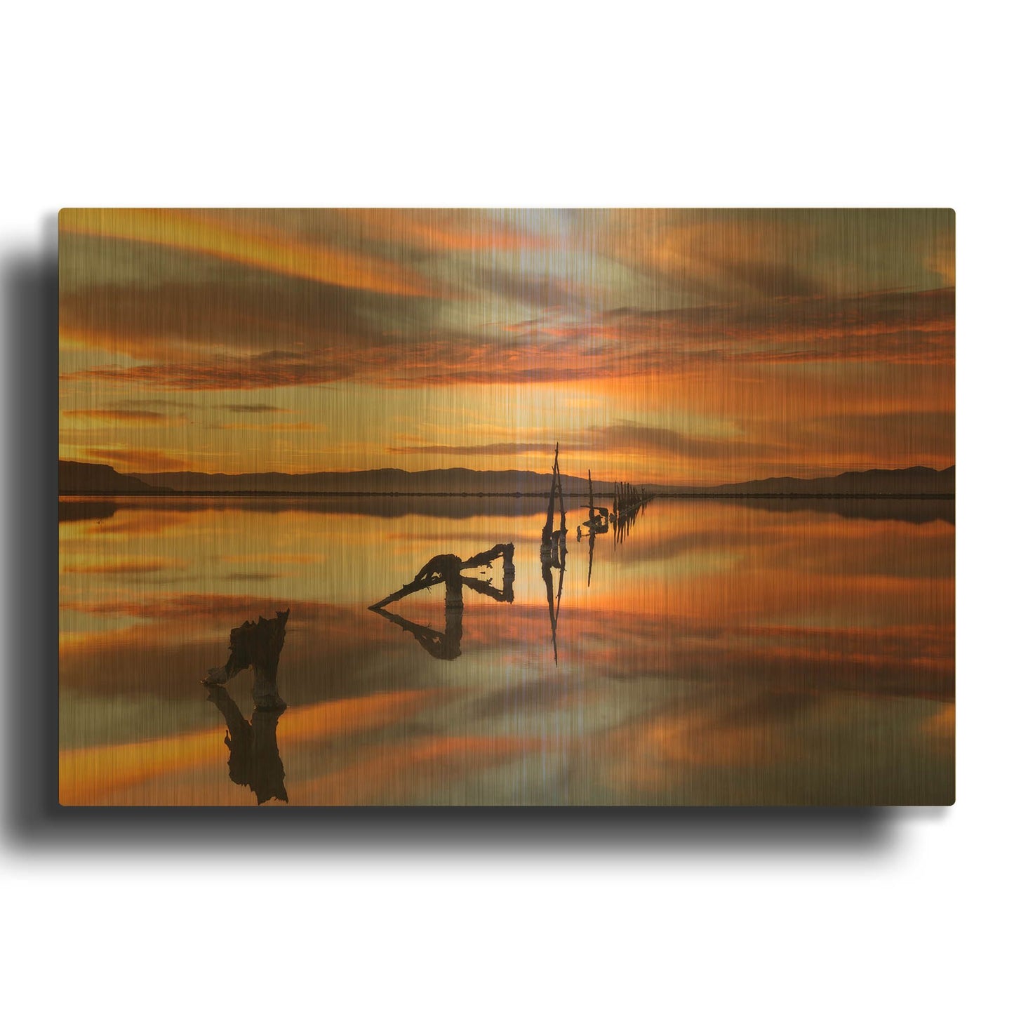 'Great Salt Lake Pilings Sunset' By Mike Jones Gold Metal Wall Art