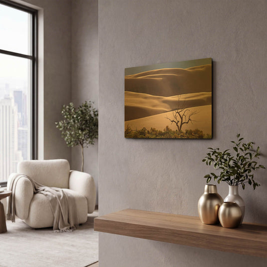 'Great Sand Dunes NP Tree' By Mike Jones Gold Metal Wall Art