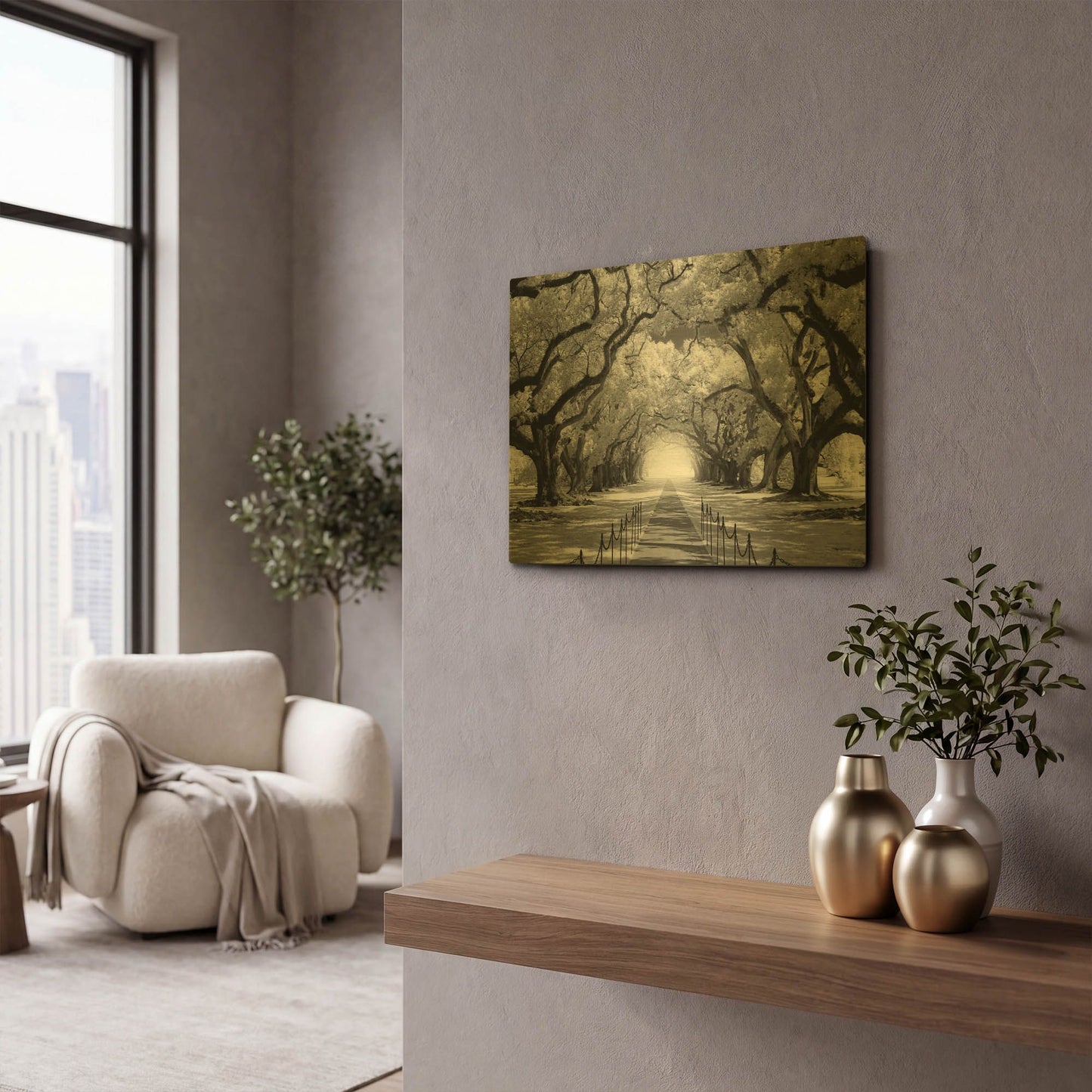 'Oak Alley inf CHECK' By Mike Jones Gold Metal Wall Art