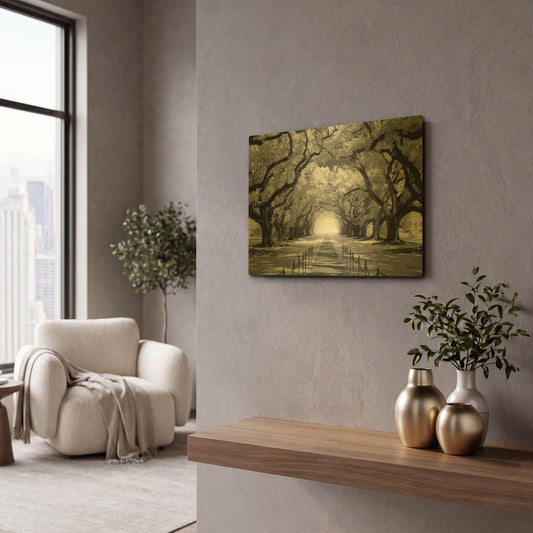 'Oak Alley inf CHECK' By Mike Jones Gold Metal Wall Art