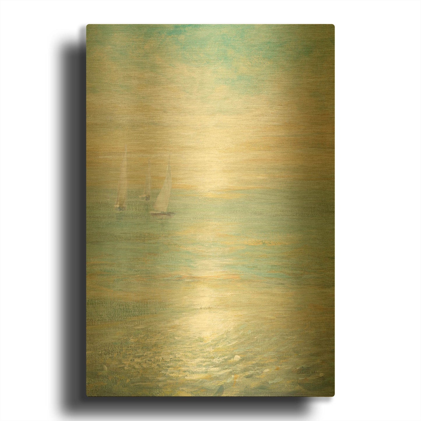 'Sunrise Sailboats I' By Danhui Nai Gold Metal Wall Art
