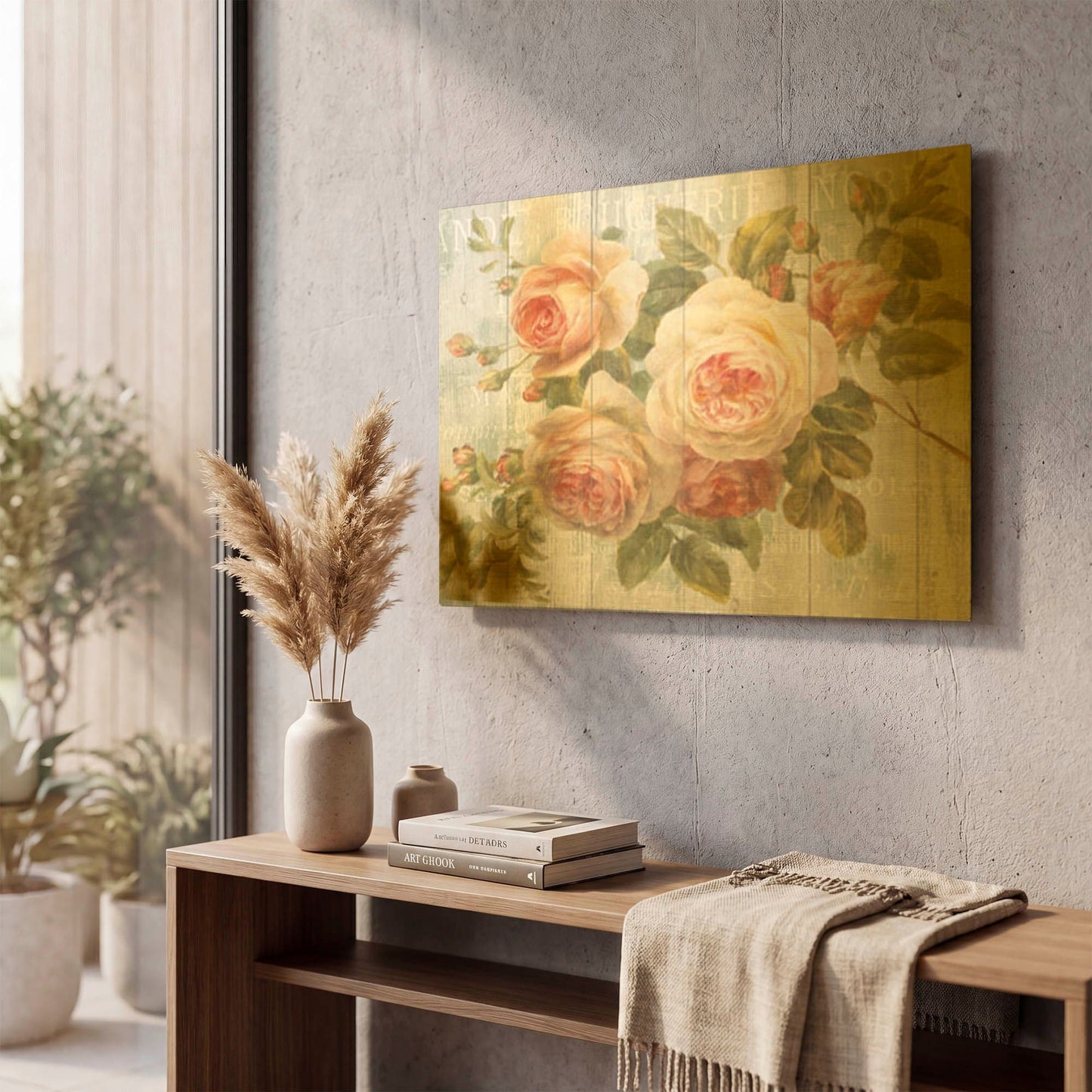 'Vintage Roses on Driftwood' By Danhui Nai Gold Metal Wall Art