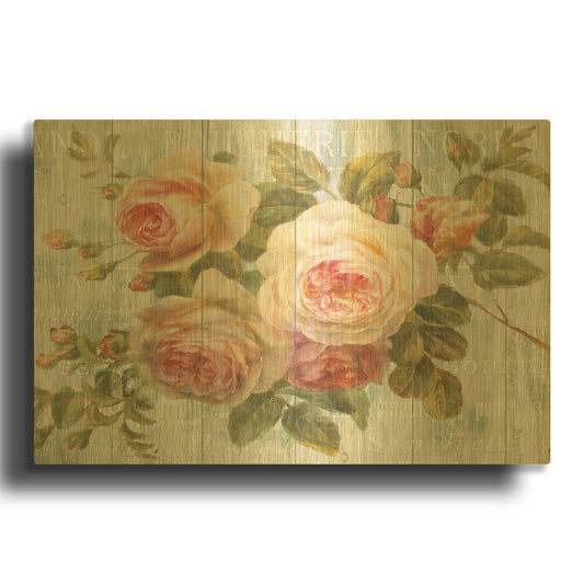 'Vintage Roses on Driftwood' By Danhui Nai Gold Metal Wall Art