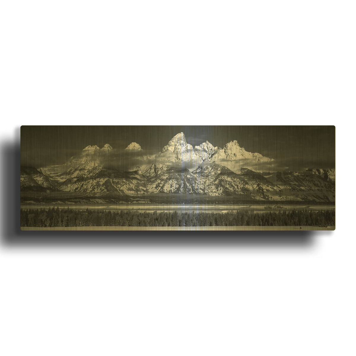 'Teton Pano Above Clouds - Grand Teton National Park' By Darren White Gold Metal Wall Art