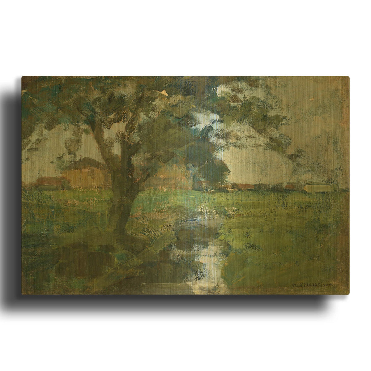 'Farm Settin with Foreground tree and Irrigation Ditch, 1900' By Piet Mondrian Gold Metal Wall Art