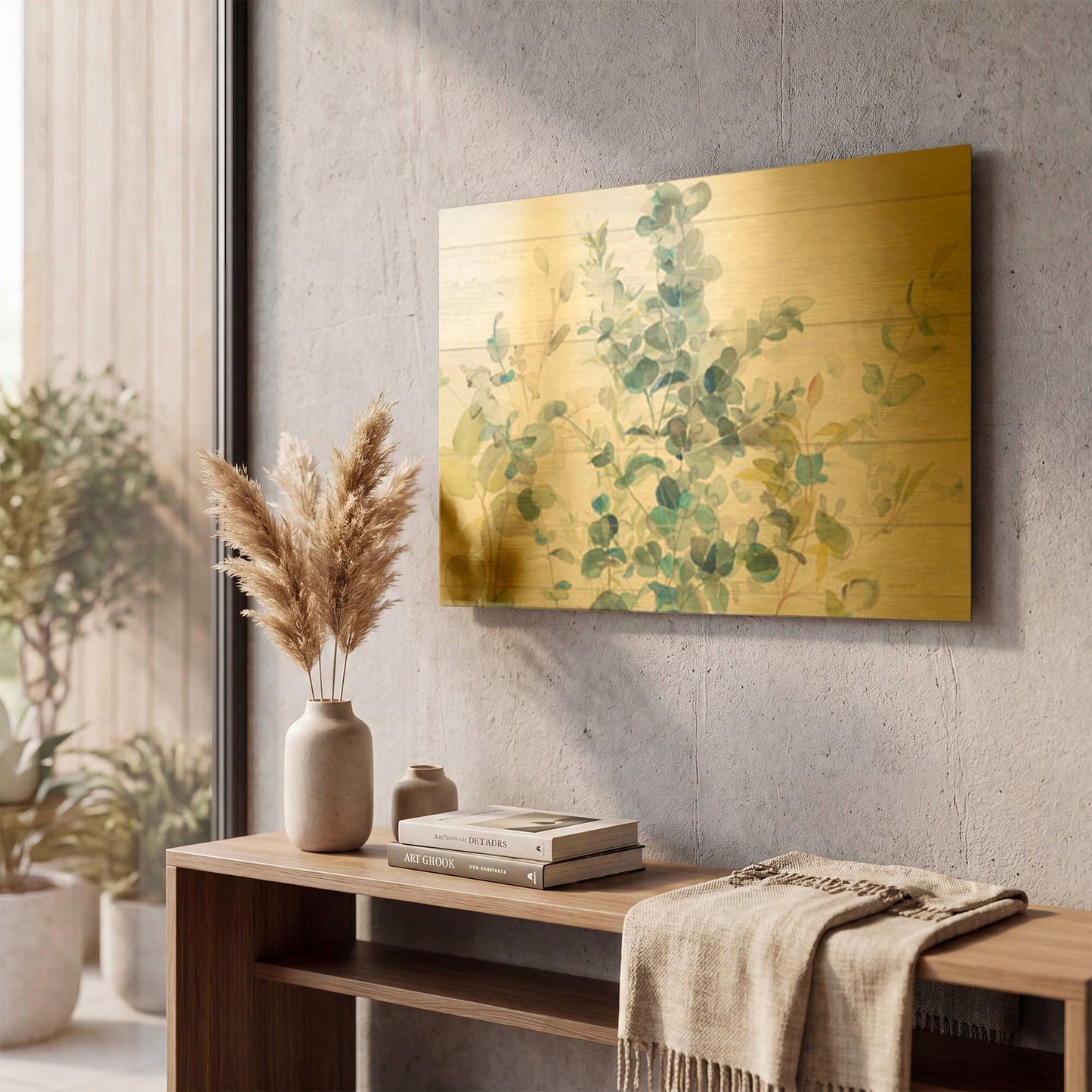 'Eucalyptus I on Shiplap Crop' By Danhui Nai Gold Metal Wall Art