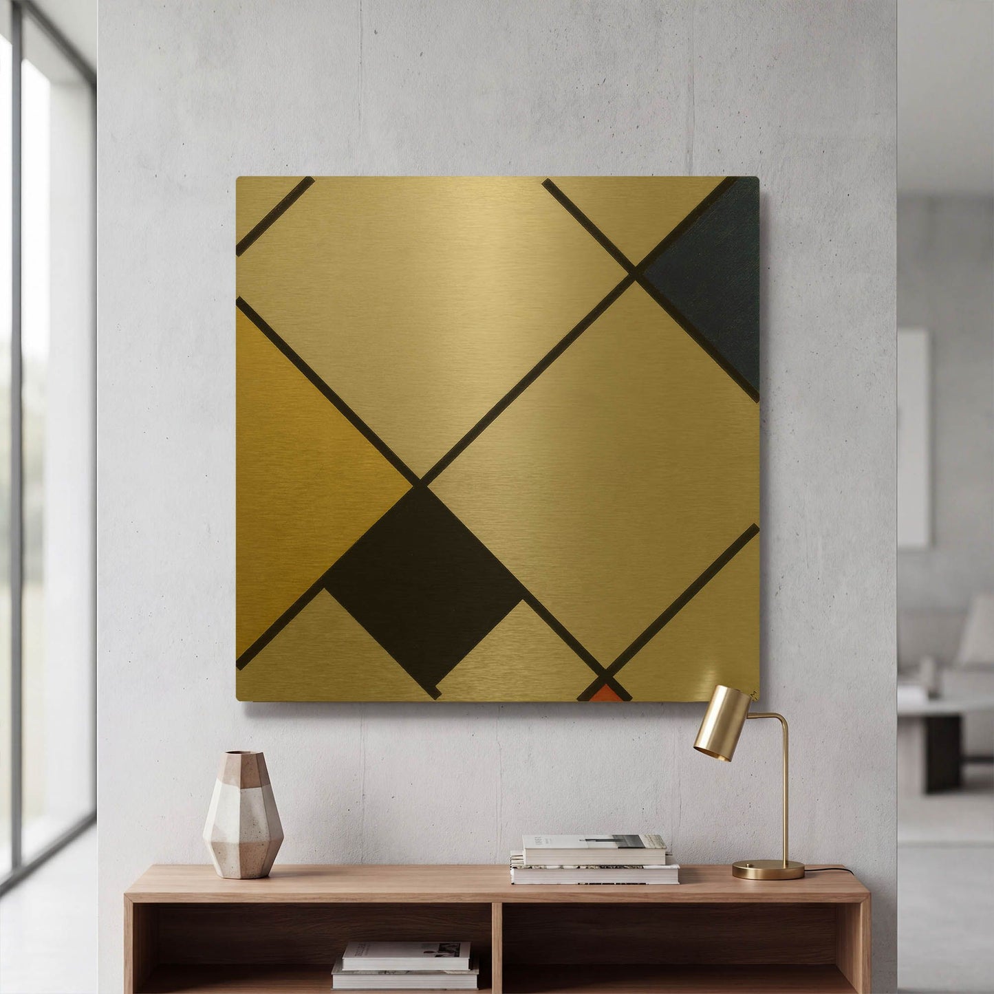 'Lozenge Composition with Yellow, Black, Blue, Red, and Gray, 1921' By Piet Mondrian Gold Metal Wall Art