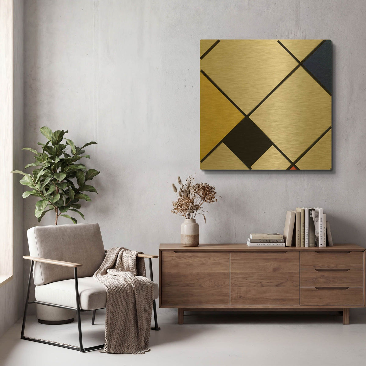 'Lozenge Composition with Yellow, Black, Blue, Red, and Gray, 1921' By Piet Mondrian Gold Metal Wall Art