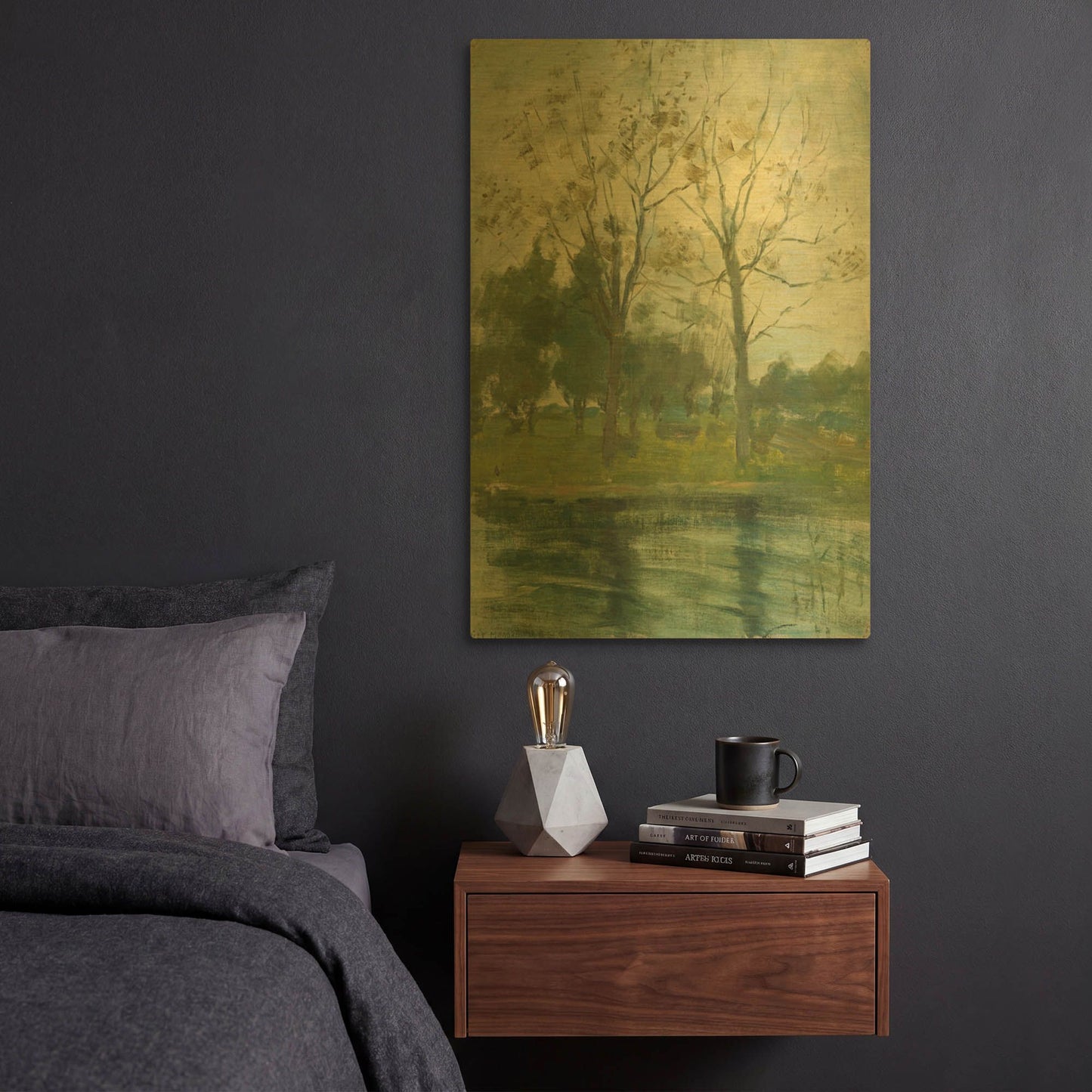 'Two Trees Silhouetted Behind A Water Course, 1900-02' By Piet Mondrian Gold Metal Wall Art