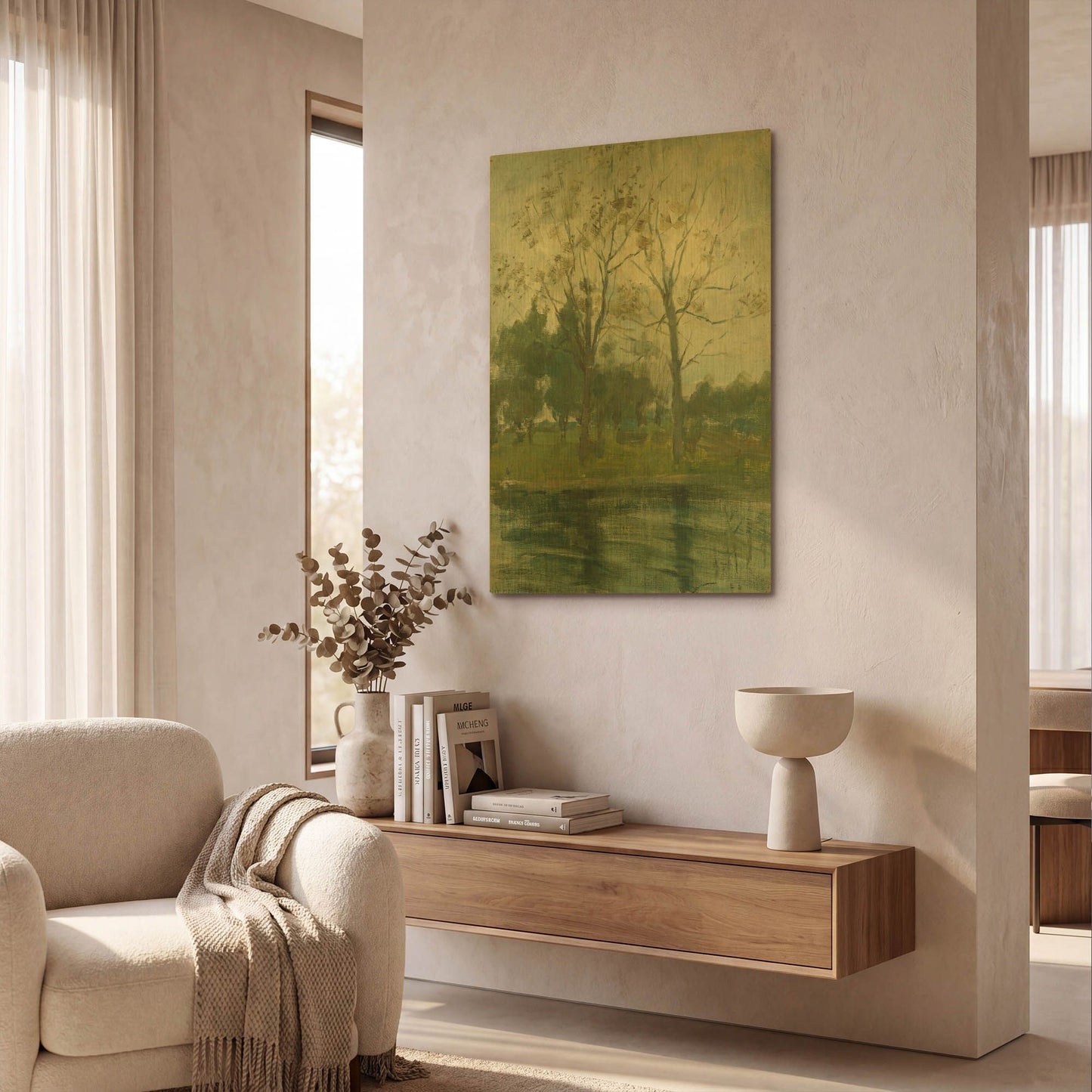 'Two Trees Silhouetted Behind A Water Course, 1900-02' By Piet Mondrian Gold Metal Wall Art