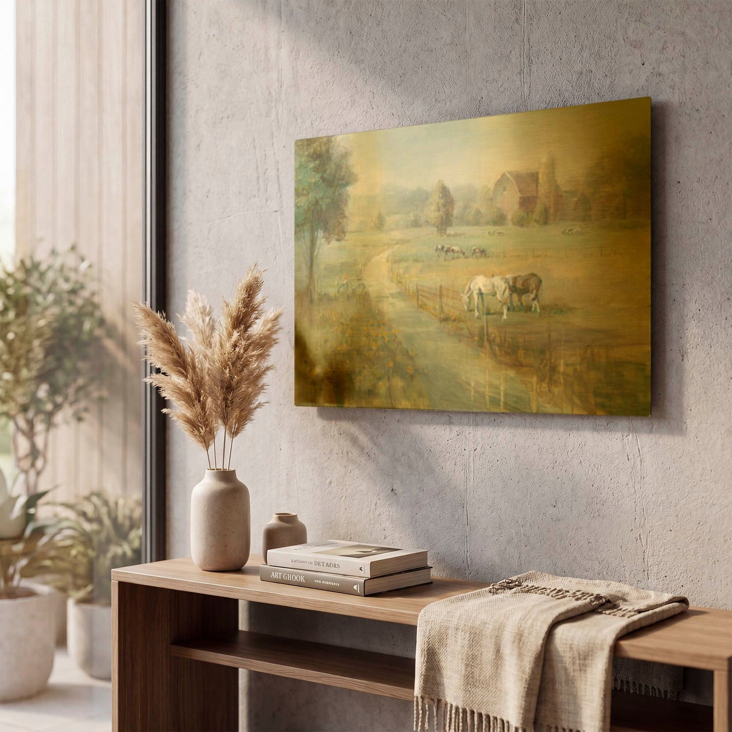 'Tranquil Farm' By Danhui Nai Gold Metal Wall Art