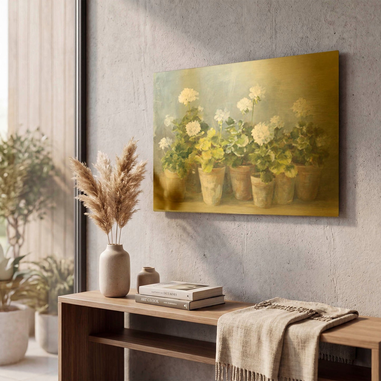 'White Geraniums Crop' By Danhui Nai Gold Metal Wall Art