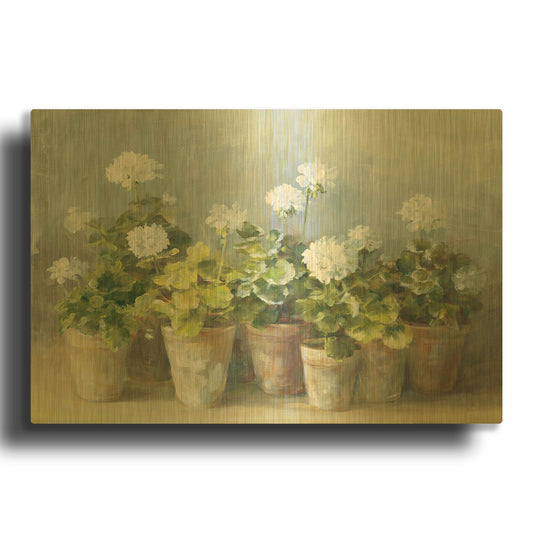 'White Geraniums Crop' By Danhui Nai Gold Metal Wall Art