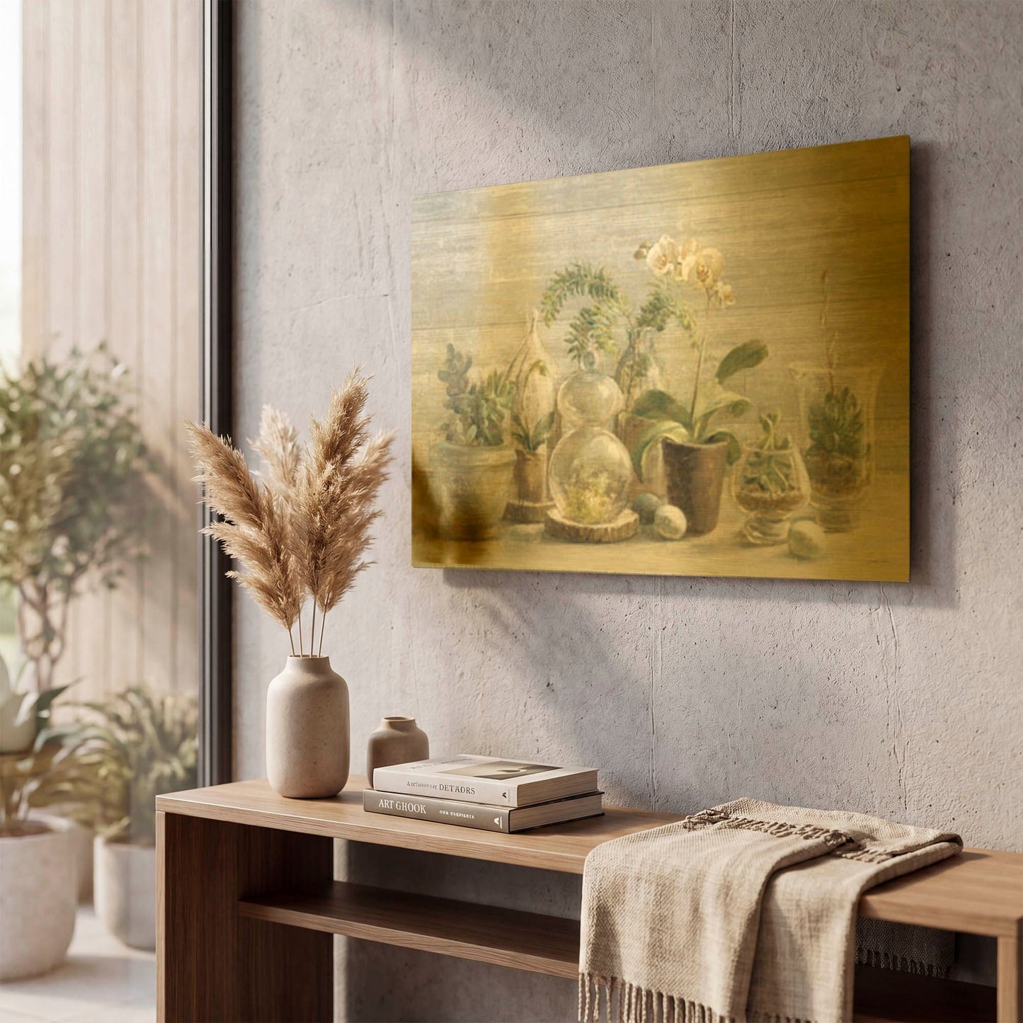 'Greenhouse Orchids on Wood' By Danhui Nai Gold Metal Wall Art