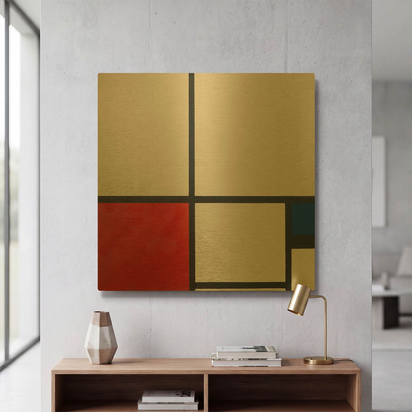'Composition in White, Red and Blue' By Piet Mondrian Gold Metal Wall Art