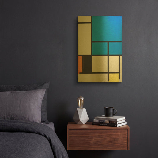 'Composition with Large Blue Plane, Red, Black, Yellow, and Gray 1984' By Piet Mondrian Gold Metal Wall Art
