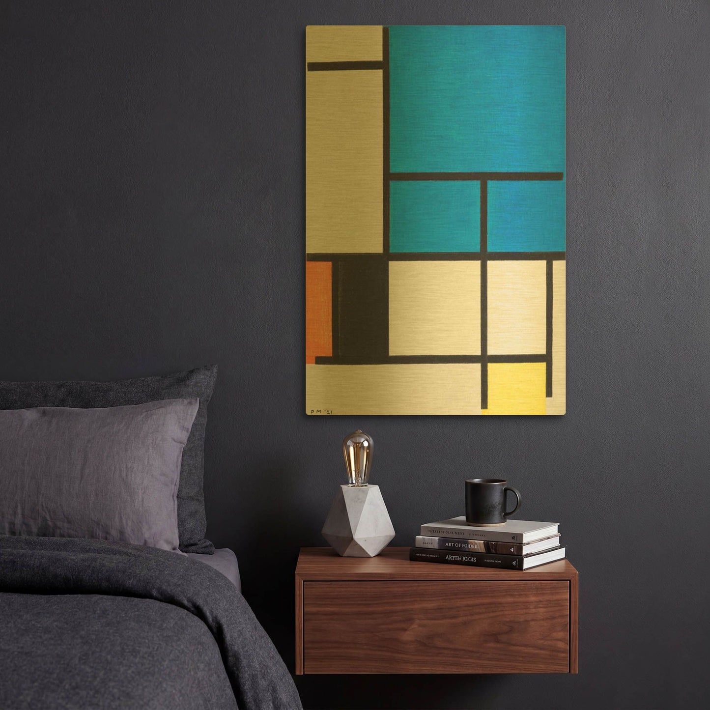 'Composition with Large Blue Plane, Red, Black, Yellow, and Gray 1984' By Piet Mondrian Gold Metal Wall Art