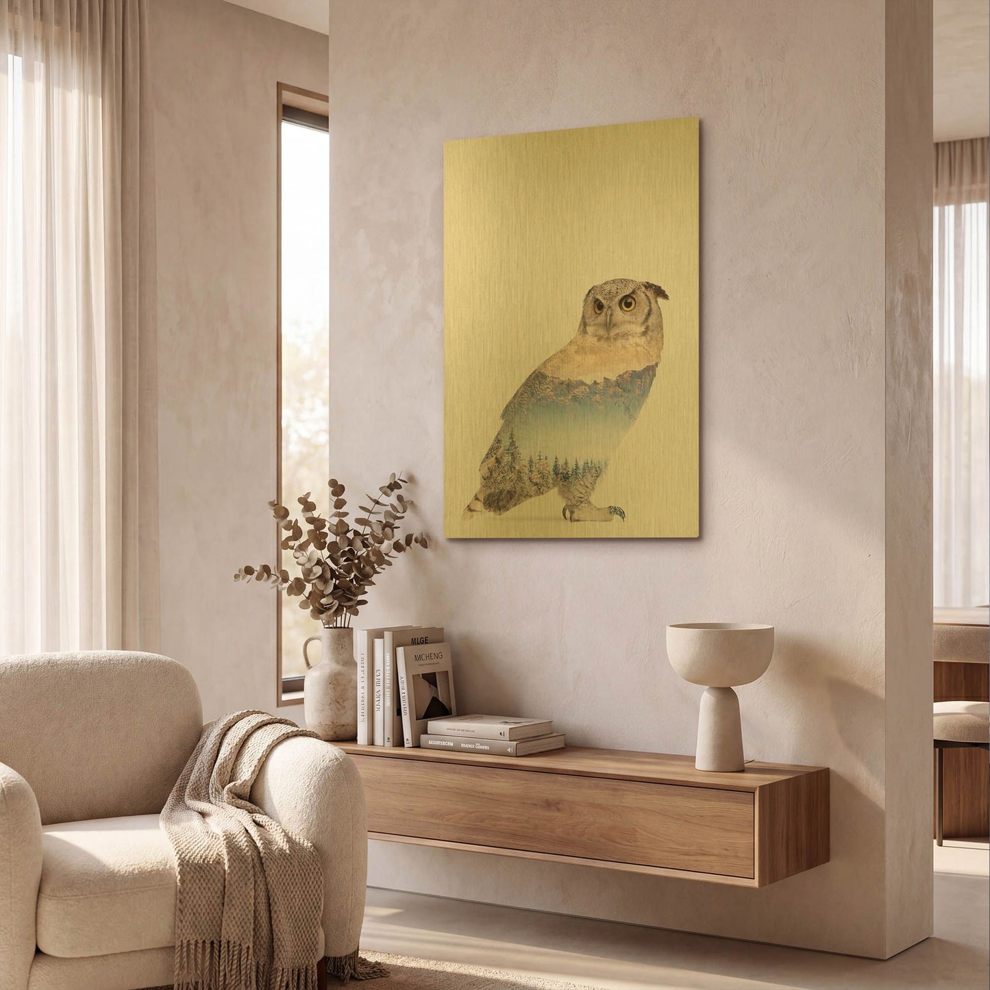 'Snow Owl I' By Clean Nature Gold Metal Wall Art